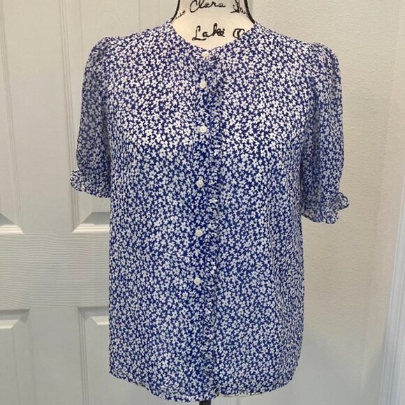 J.CREW BLOUSE SHORT SLEEVE SZ XS BLUE FLORAL COTTAGECORE PREPPY CHIC RUFFLE - Picture 5 of 16